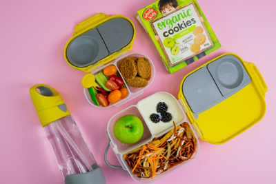 Kuti ushqimi për fëmijë b.box Mini Snack Box, 2 ndarje, mbyllje hermetike, lejla sugar plum
