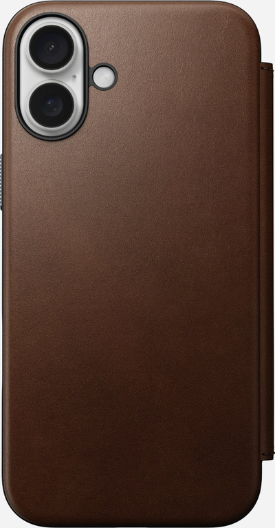 Këllëf portofol Nomad Modern Leather Folio për iPhone 16 Plus, lëkurë full grain, MagSafe, kafe