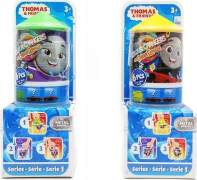 Set lodrash tren Thomas &amp; Friends Mystery Color Reveal, 2 lokomotiva, me vagona, shumëngjyrëshe