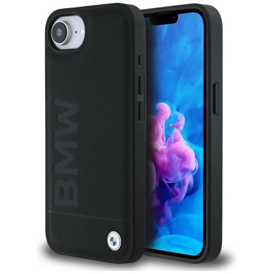 Маска за телефон BMW Leather Hot Stamp за iPhone 16E, природна кожа, заштитна, црна