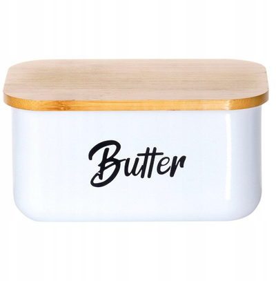 Enë gjalpi çeliku me kapak bambuje, me shkrimin Butter, e bardhë