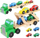 Set lodrash druri Wooden Truck Tow Truck Car Set 22698, kamion me rimorkio me dy kate, 4 makina me shumë ngjyra