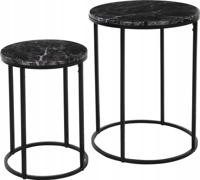 Set tavolinash anësore 2 copë, 30x30 cm, 40x40 cm, pamje mermeri, strukturë metalike e zezë