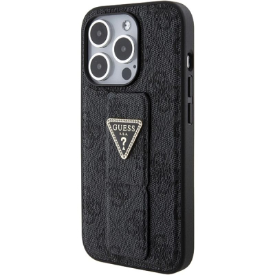 Kapak telefoni Guess Grip Stand 4G Triangle Strass, për iPhone 15 Pro 6.1", i zi