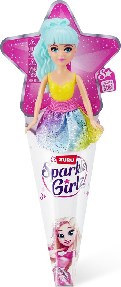 Kukull ZURU Sparkle Girlz Mini Pop, në paketim si kornet akulloreje, me flokë dhe fustan shumëngjyrësh