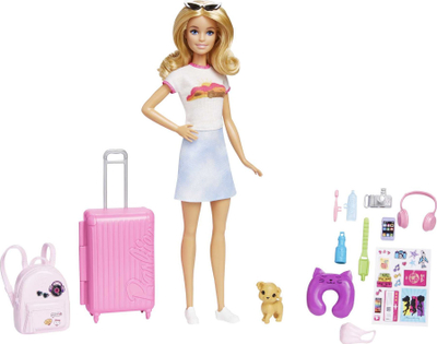 Kukull Barbie Mattel Malibu HJY18, set udhëtimi, me aksesorë, shumëngjyrëshe