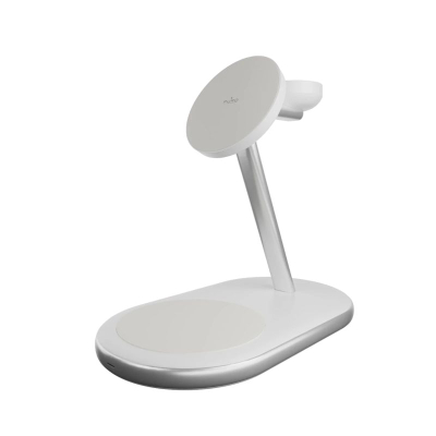 Безжичен полнач Puro Mag Station Qi2 3-в-1, 30W, компатибилен со MagSafe, бел