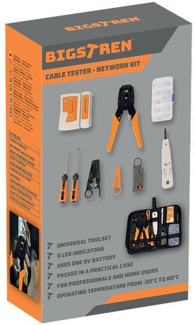 Set testimi kabllosh rrjeti Bigstreen 25835 Network Kit, tester RJ45 RJ11, me presë krimpimi, i zi