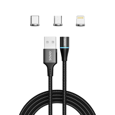 Kabllo magnetike Savio CL-152, 3 në 1 USB-C Micro USB Lightning, 1 m, e zezë