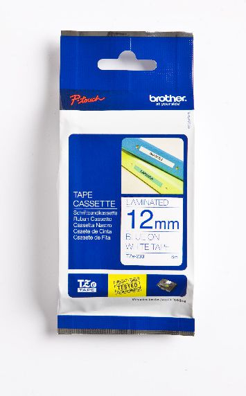 Rrip etiketa Brother TZe-233, 12mm, i laminuar, blu mbi të bardhë