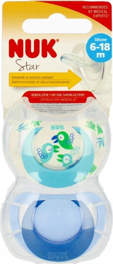 Biberon NUK Star, silikon, 6–18 mujsh, set 2 copë, jeshile dhe blu