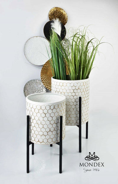 Set me vazo dekorative Mondex, 2 copë, 31x58cm edhe 26x48cm, të bardha me ari