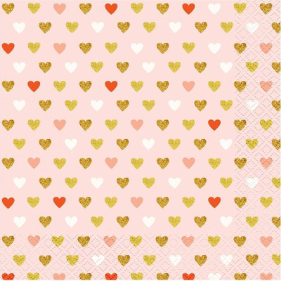 Servieta dekorative XOXO Hearts, 20 copë, 33 x 33 cm, rozë me zemra ari