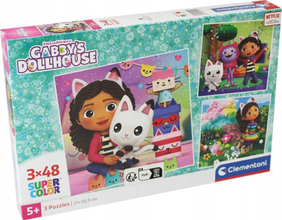 Puzzle Clementoni Supercolor Gabby's Dollhouse, set 3 x 48 pjesë, për fëmijë 5+, shumëngjyrëshe