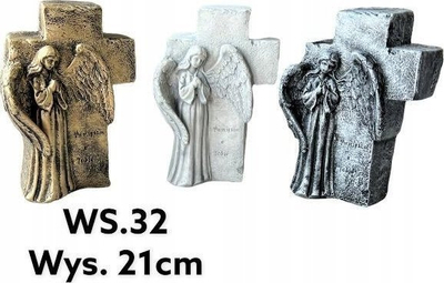 Figurinë varri Little Angel me kryq dhe engjëll, 21cm, gips, argjendi