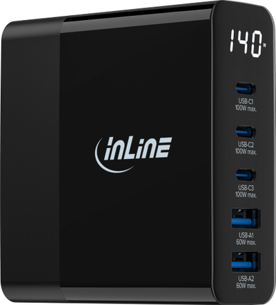 Karikues GaN InLine USB PD, 5 porta, 140W, me ekran