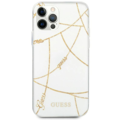 Këllëf telefoni Guess Saffiano V Stitch për iPhone 12 12 Pro, hard case, i bardhë me ar