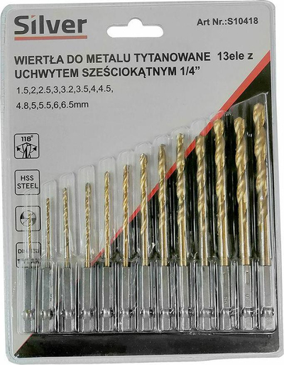 Set stërvitash për hekur Silver S10418, HSS titanium, 13 copa 1.5-6.5mm, ngjyrë argjendi