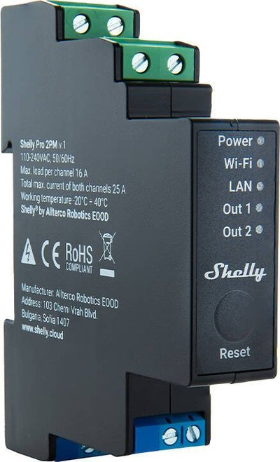 Rele e zgjuar Shelly Pro 2PM, 2 kanale, WiFi LAN Bluetooth, matje energjie