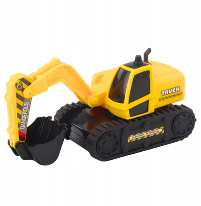 Set lodër kamion transportues me eskavator 1:16, me drita edhe zëra, i verdhë