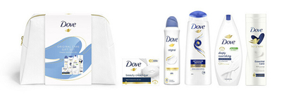 Set Dove Original, xhel dushi 250 ml + qumësht për trup 250 ml + shampo për flokë 250 ml + sprej antidjersë 150 ml + krem tabletë 90 g + çantë kozmetike