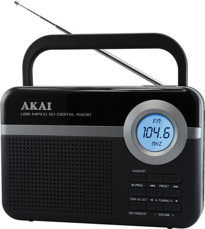Radio Akai PR006A-471U, FM digjitale, me USB dhe SD, e zezë