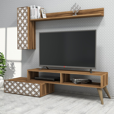 Komodë TV Kalune Design Planet, me rafte të hapura, panel dekorativ, dru natyral