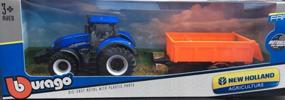 Lodër traktor New Holland T7.315 me rimorkio Bburago, model metal, gjatësi 27 cm, blu