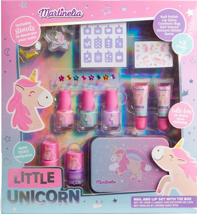 Set kozmetik për kalamaj Martinelia Little Unicorn, llak thonjsh dhe lip gloss, me kuti metalike, shumëngjyrësh