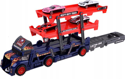 Lojë kamion transporter ZA4461, me 4 makina metalike, me platformë me kate, me shumë ngjyra