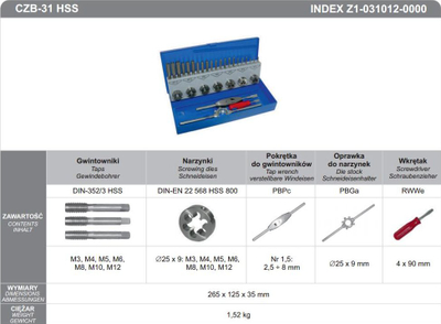 Set veglash filetimi Fanar CZB-31 INOX, M3-M12, HSSE, në kuti metalike
