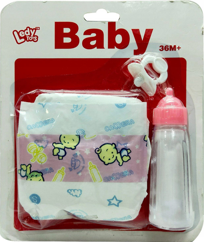 Set aksesorësh për kukulla Adar Diaper and Bottle 540835, biberon 12.5 cm, pelenë për kukull, rozë