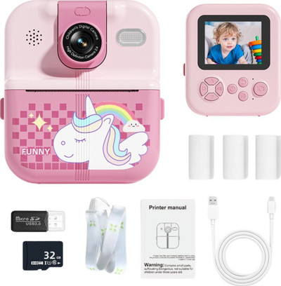 Kamerë instant për fëmijë Funny, printer termik, ekran 2.4", rozë Unicorn
