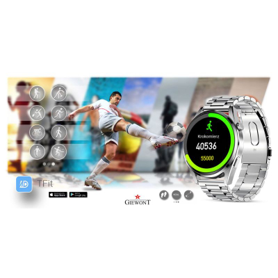 Smartwatch Giewont GW450-5, mat rrahjet e zemrës, Bluetooth, argjendt me rrip të zi