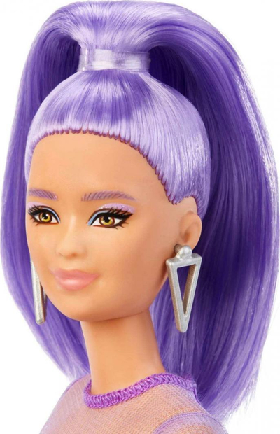 Kukull Barbie Fashionistas Petite, flokë të gjatë lejla, fustan lejla metalik