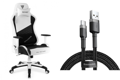 Karrige gaming SENSE7 Spellcaster, material tekstili, mbështetëse krahësh të rregullueshme, bardh e zi me RGB