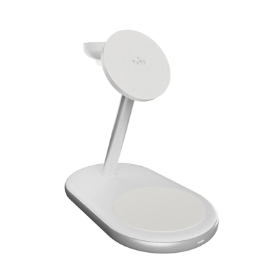 Безжичен полнач Puro Mag Station Qi2 3-в-1, 30W, компатибилен со MagSafe, бел
