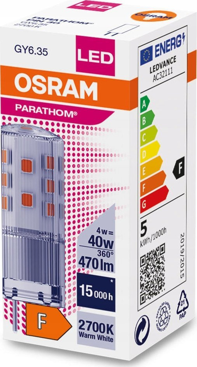 Llambë LED Ledvance PARATHOM PIN 12V, 4W 2700K, bazë GY6.35, transparente