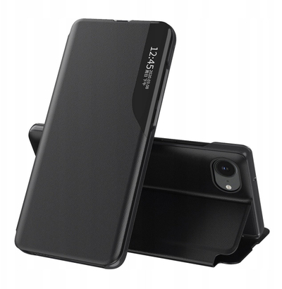 Футрола за телефон Hurtel Eco Leather View, за iPhone 16e, со држач, црна