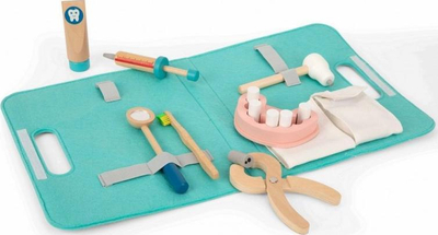 Lojë dentisti prej druri Tooky Toy Dentist Set, edukative, me çantë, blu