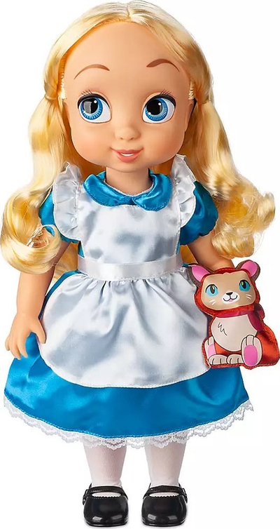 Kukull Disney Animators Alice, 39cm, me mace lodër, fustan blu e bardhë