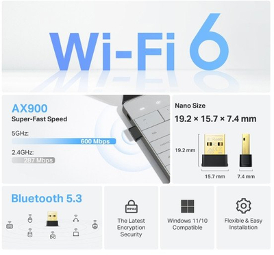Адаптер Ви-Фи TP-Link Archer TX10UB Nano, AX900, Dual Band, црн