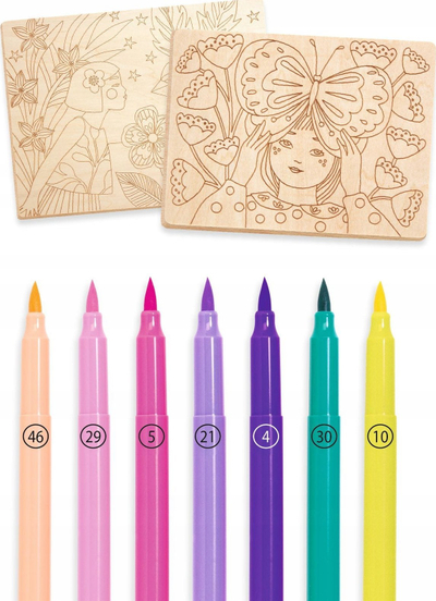 Set ngjyrosje në dru Djeco Coloring on Wood Sweet Girls, 3 tabela, 7 markera, shumëngjyrësh