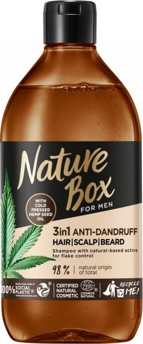 Shampo Nature Box Hemp Seed 3-n-1 për burra, kundra zbokthit, 385 ml