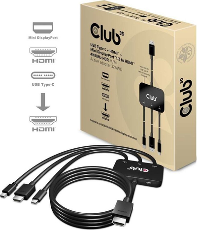 Adapter aktiv Club3D CSV-1560, Mini DisplayPort/HDMI/USB-C në HDMI, 4K 60Hz, i zi