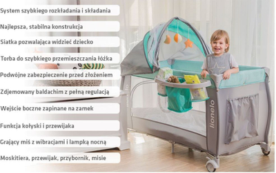 Krevati udhëtimi Lionelo Sven Travel Cot Plus, me ndërruese dhe tendë, turkeze dhe gri