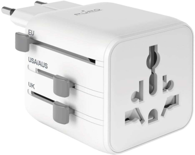 Adapter universal për udhëtime SBS 2499 W, prizë ndërkombëtare EU UK US AUS, i bardhë