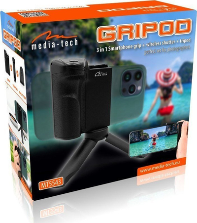 Mbajtëse telefoni me tripod tavoline Media-Tech MT5543, me telekomandë Bluetooth, ngjyrë e zezë