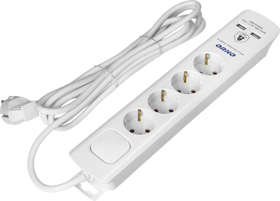 Zgjatues me mbrojtje 4 presa Schuko, 3m, 2xUSB, i bardhë