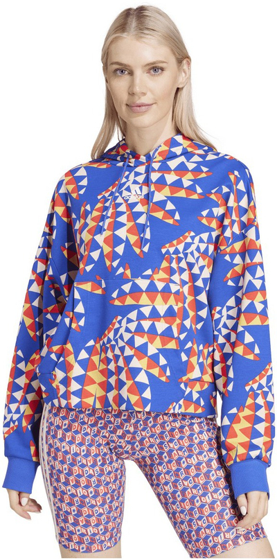 Bluzë me kapuç Adidas X FARM Rio, për femra, pambuk i përzier, blu me print shumëngjyrësh